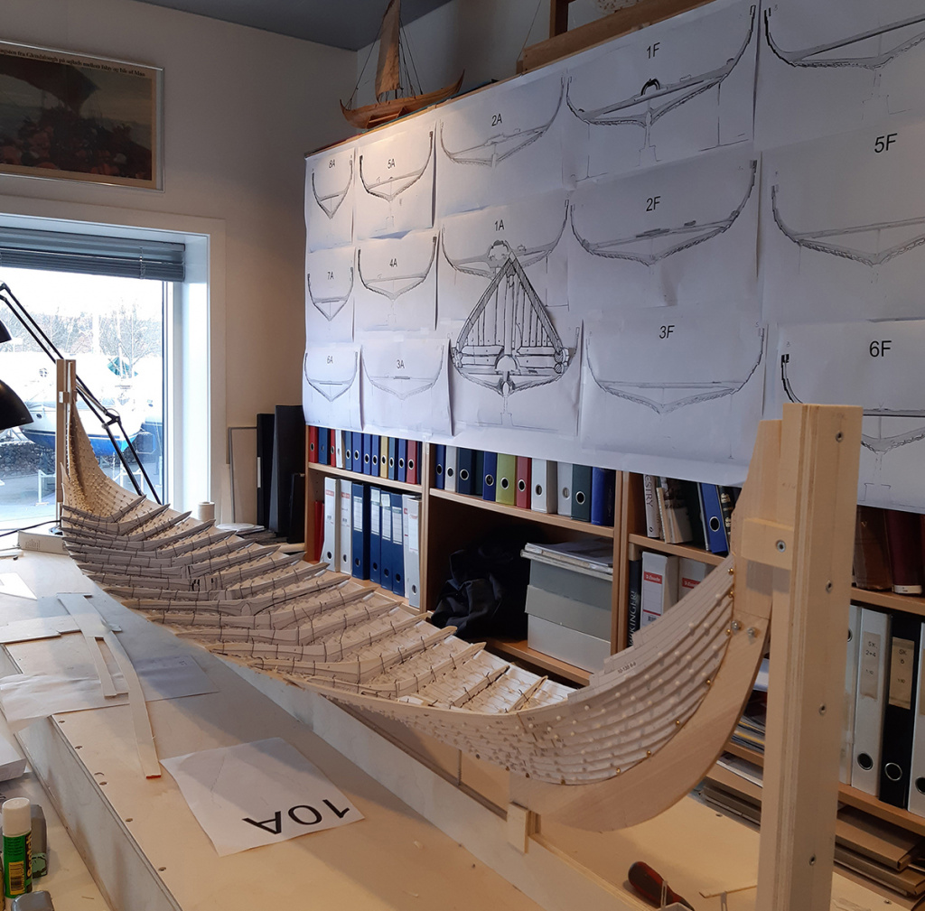 GOKSTAD MODEL: The scale model of the Gokstad ship is finding its shape at the Viking Ship Museum in Roskilde, Denmark. When finished, it will be an important tool for building the replica, Saga Gokstad. (Photo: Vibeke Bischoff).