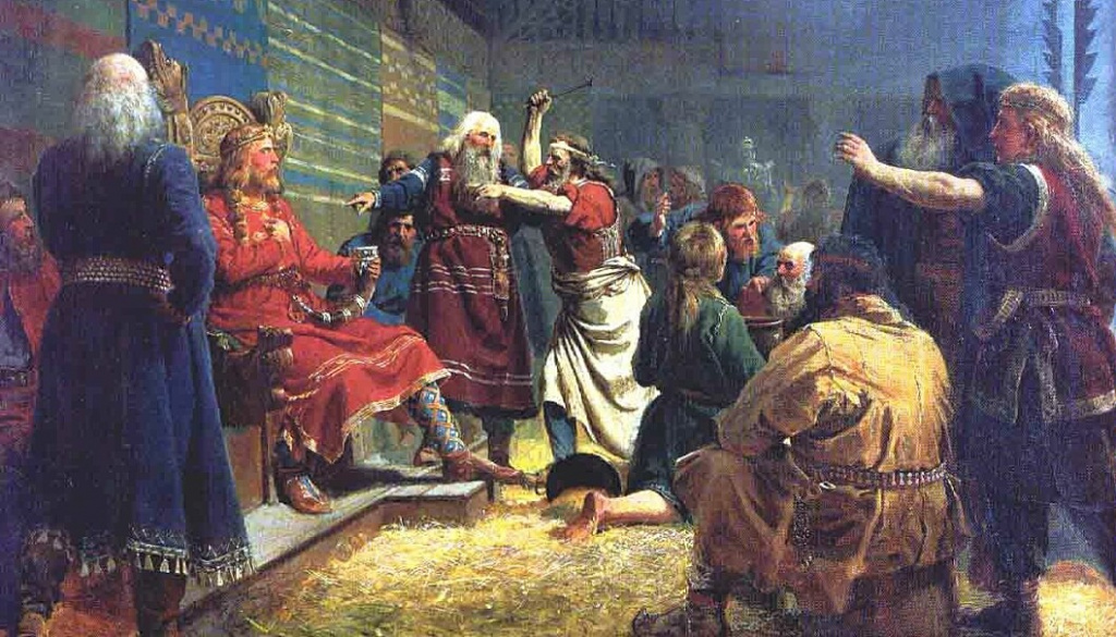 VIKING SACRIFICE: The Christian king Håkon the Good is forced by his men to sacrifice to the pagan gods. (Painting by Peter Nicolai Arbo).