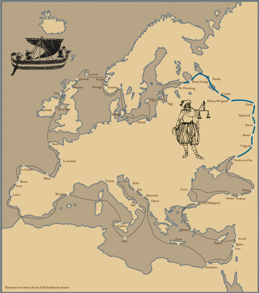 The illustration shows some of the routes followed by the Vikings. Their trading network went even further, from the coasts of North America in the west to the Caspian See and beyond in the east. (Illustration: Johnny Kreutz/Historical Museum/University of Oslo)