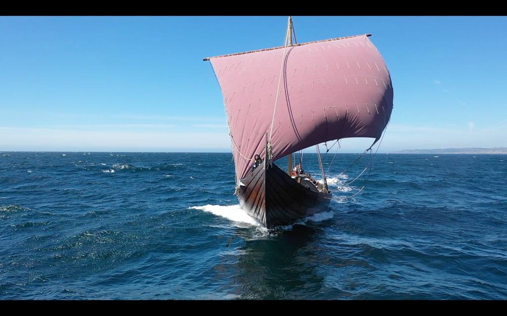 Viking ships were frequently described as sea dragons. This photo of the Saga Farmann on her way to Denmark in the summer of 2022 gives a fair idea as to why. (Photo: Oseberg Viking Heritage Foundation)