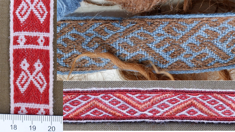 Figure 10: Left: Reconstruction of 3aI in wool. Top right: A band without a catalog number, found outside the burial entrance, here woven in blue linen and brown wool. Bottom right: 13B2 mounted in the tapestry "Men with Raised Hands" (figure 11).  