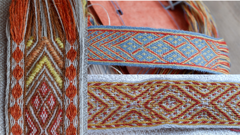 Figure 12: Left: Reconstruction of Oseberg 15D. Top right: Reconstruction of the band cataloged as No. 1 "The Wagon Procession." Bottom right: Reconstruction of 13B2B. All in wool and linen.  