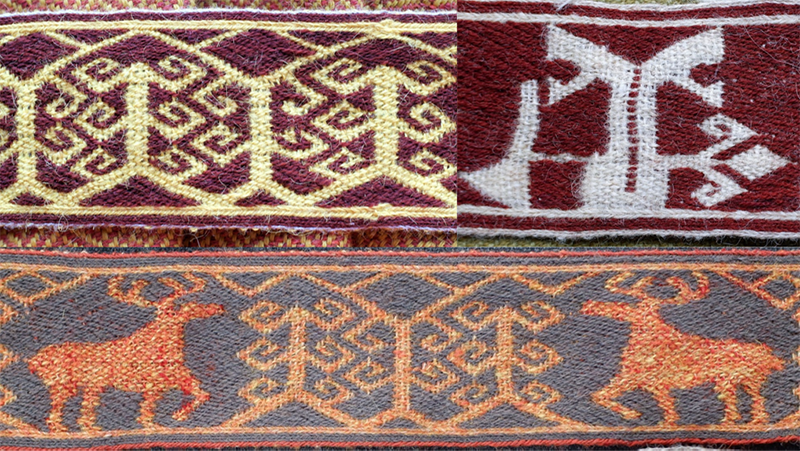 Figure 13: Top left: Reconstruction of stylized trees in Oseberg 30C. Top right: Reconstruction of a motif in Oseberg 27A5, which most likely was part of the band in 30C: A warrior with a mask — an elk antler? Bottom: 30C also features what looks like a deer. The first part shows the reconstruction of an animal and stylized trees, with the final part being my interpretation of a mirrored animal at the end.  