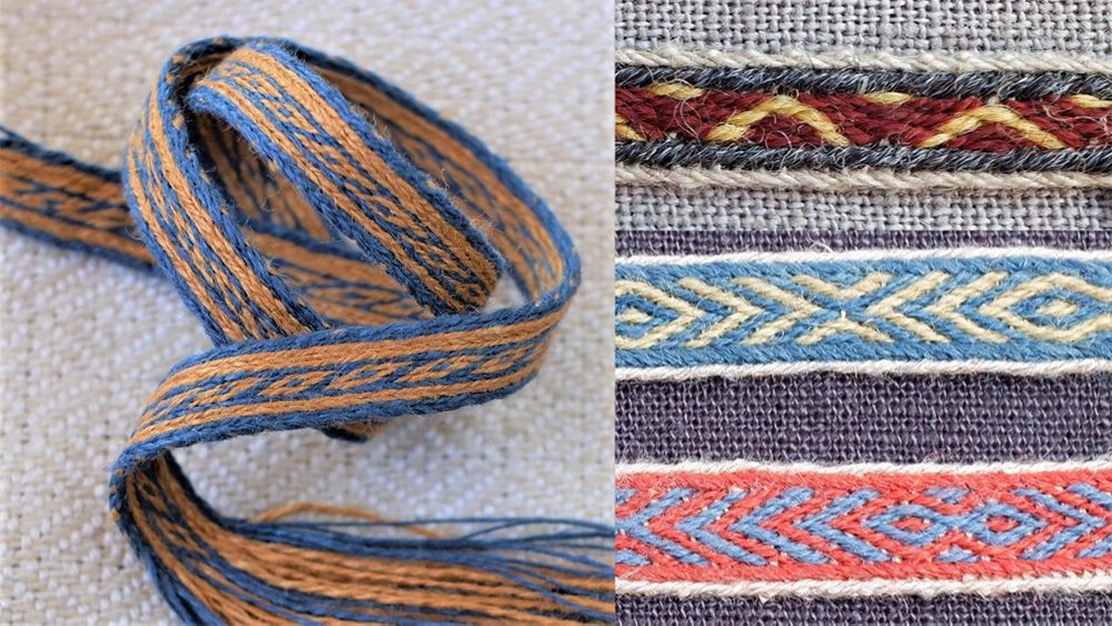 Figure 9: Left: Reconstruction of a band in silk and linen found mounted on an embroidery (12L1). Top right: 27J2. The two on the bottom right are 26B3: Almost identical to the Kaupang band.  