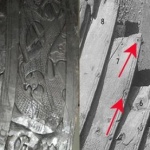 Fig. 32: To bilder av samme område på akterstevnen. Det ene er fra 1904 (foto: Kulturhistorisk Museum) og det andre (foto: Thomas Finderup) viser skipet som det ser ut i dag på Vikingskipshuset. De røde pilene markerer hvor man skiftet ut rombeformete skiver med firkantede.